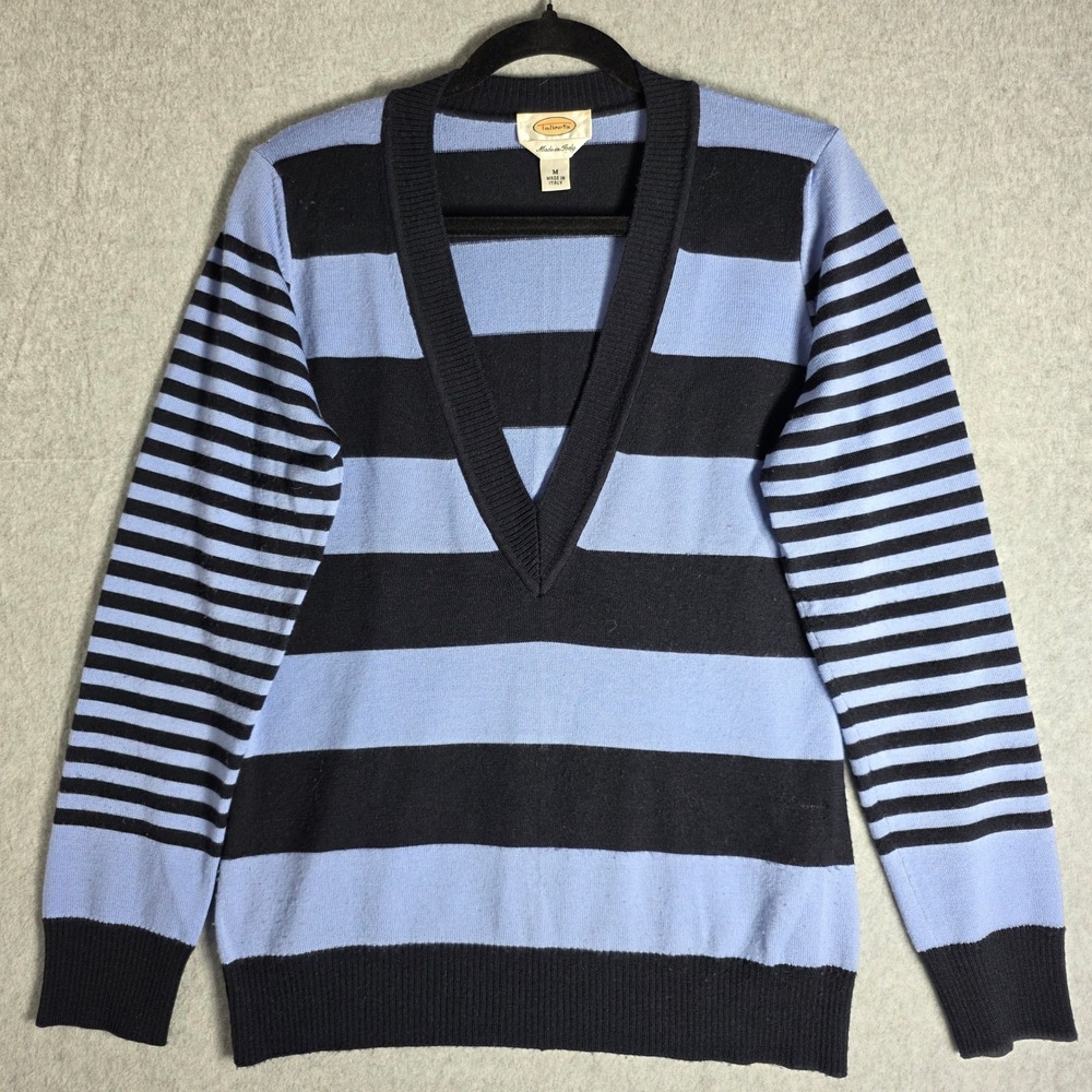Talbots V-Neck Sweater Womens M Blue Black Striped 100% Merino Wool Italy